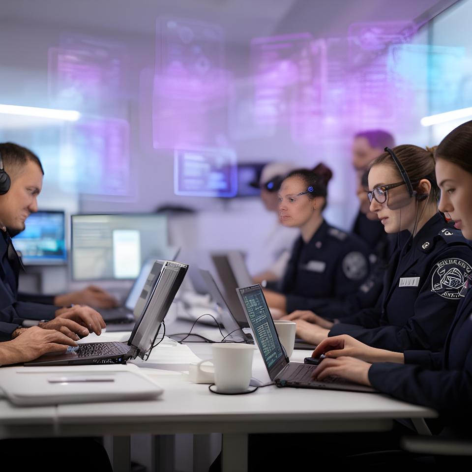 A security team collaborating in a Pebble Creek office with laptops and encrypted communication screens