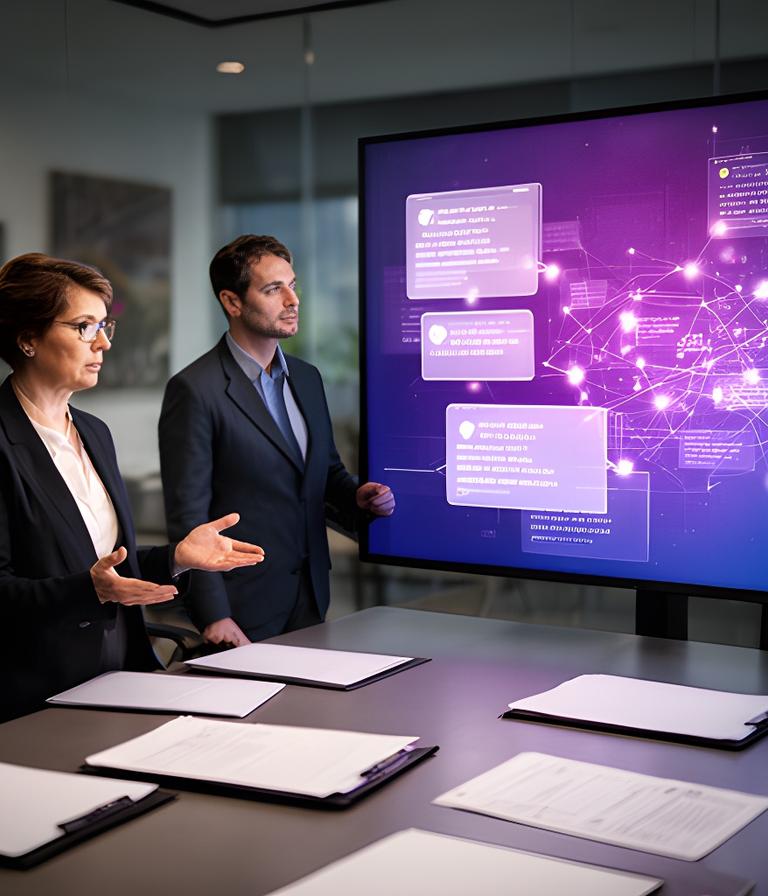 Compliance officer and wealth manager reviewing archived messages on a large monitor in a conference room