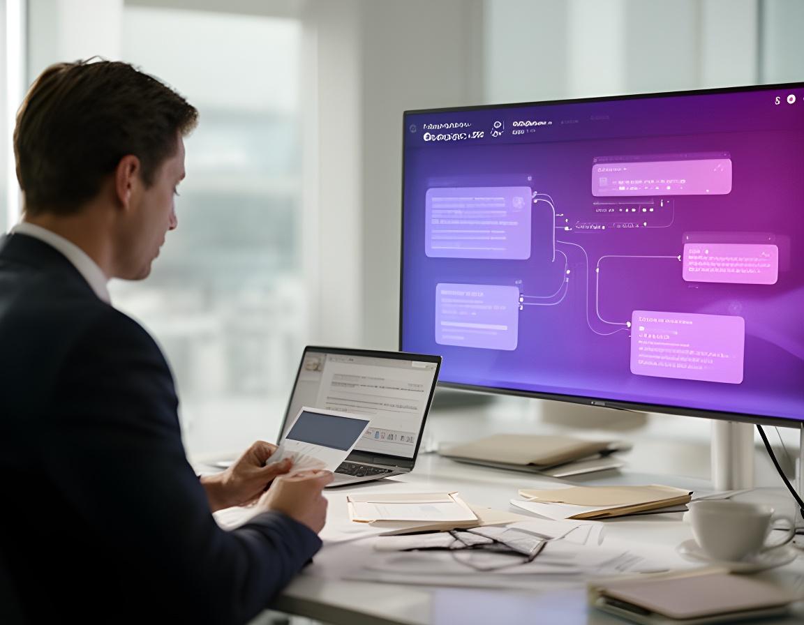 Financial advisor reviewing encrypted client messages beside a glowing compliance dashboard in a modern office