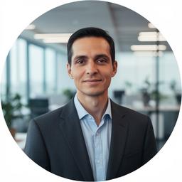 A healthcare technology executive standing in a modern office with a composed expression