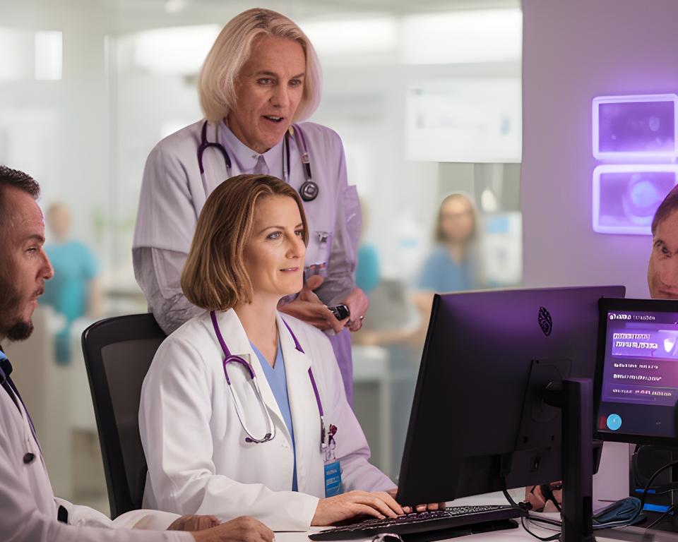 Clinical team coordinating patient care on a secure messaging dashboard in a bright modern telehealth office