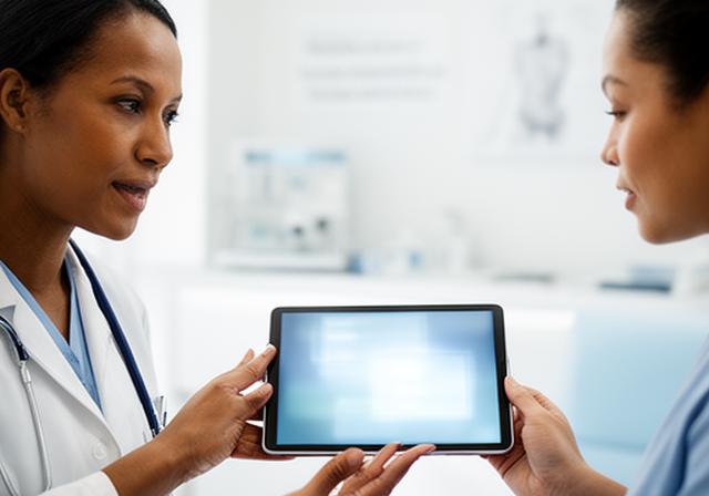 Telehealth clinician and patient discussing records on a secure tablet in a bright clinic