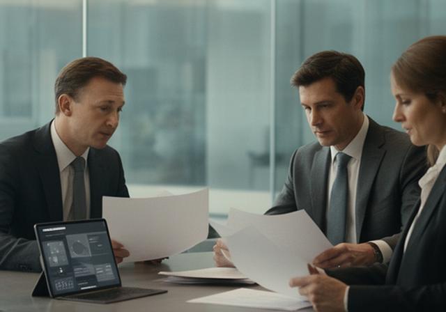 Law firm partners reviewing confidential files in a quiet glass meeting room