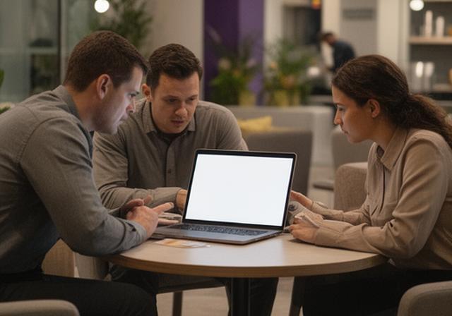 Property management team coordinating emergency maintenance over a laptop in an office lounge