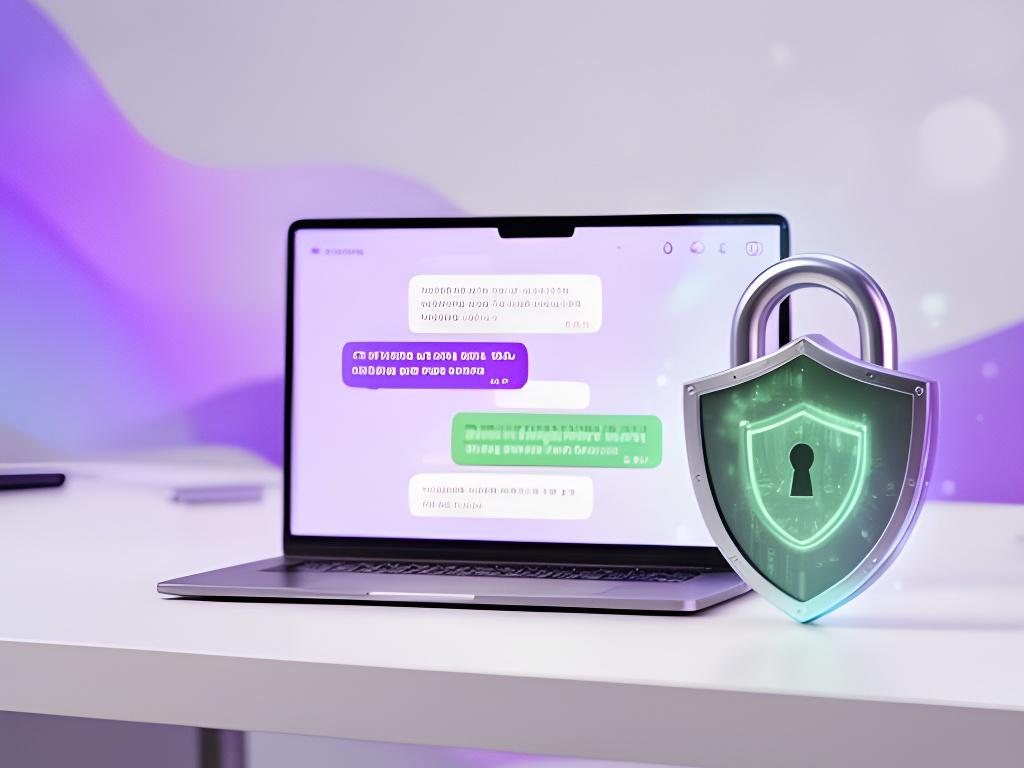 A secure messaging interface glowing beside a digital lock shield on a calm modern desk