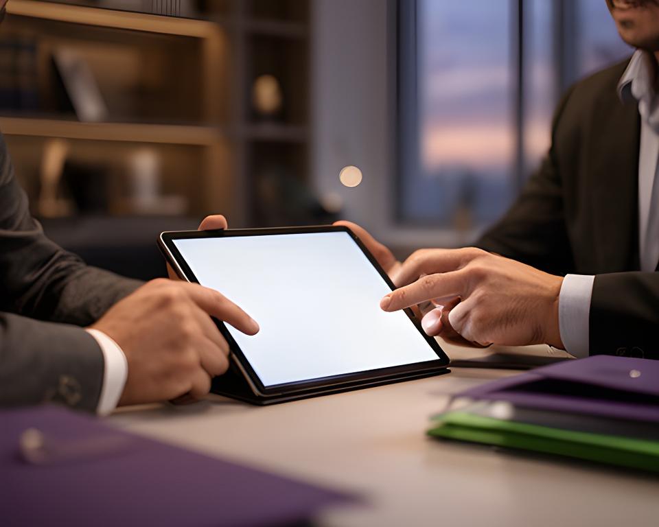 A legal team reviewing confidential case notes on a secure tablet in a calm office with soft evening light
