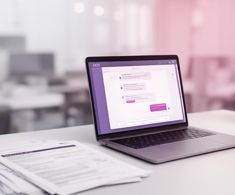 Secure messaging workspace with encrypted chat on a laptop beside printed policy notes in a calm modern office