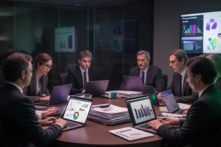 Executive leaders meeting in a private strategy room with laptops and notes on a round table