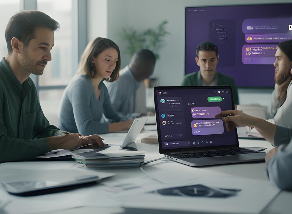 Team members reviewing encrypted files and messages on a secure collaboration dashboard in a bright office