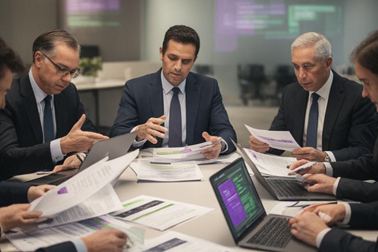 Lawyers and bankers reviewing confidential documents around a table during merger due diligence