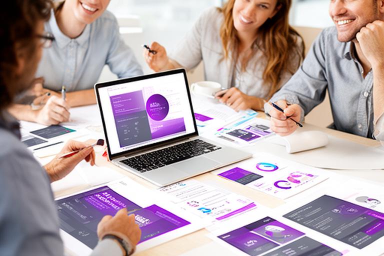 Product team discussing mockups and pricing sheets beside a laptop during launch planning