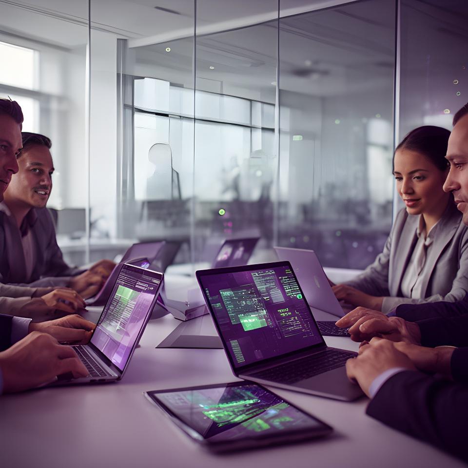 Project team reviewing encrypted plans and incident notes in a modern glass meeting room