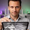 Lead architect reviewing a BIM model on a tablet in a studio workspace