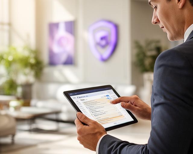 Modern property manager reviewing secure deal notes on a tablet in a bright apartment lobby