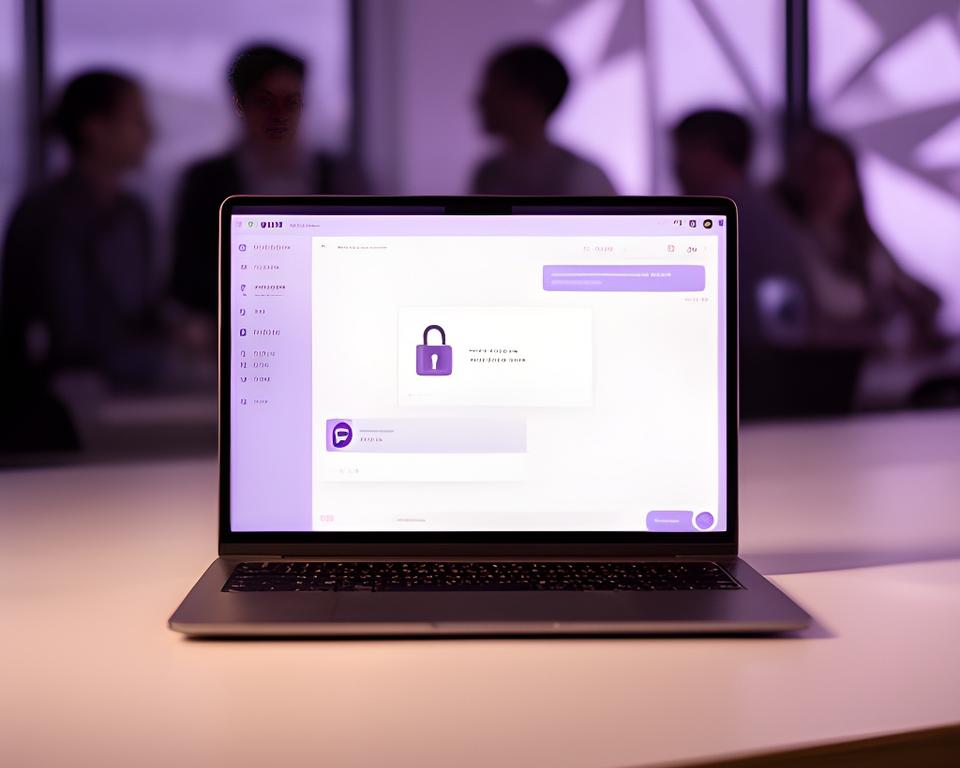 A secure team chat interface displayed on a laptop in a modern office with a locked message preview and soft purple lighting