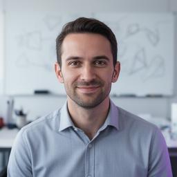 Portrait of Mateo Solis in a modern workspace beside a whiteboard of encryption notes